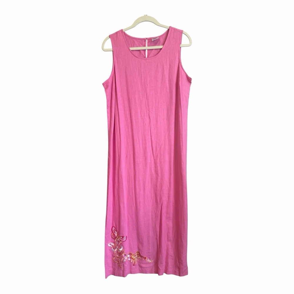 Vintage Y2K Embroidered Butterfly Maxi Dress Linen Blend Size 14 Pink